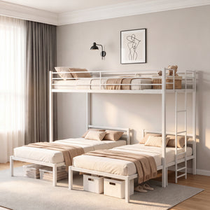 Triple Bunk Bed Frame Twin over Twin & Twin, Heavy Duty Metal T-Shaped Loft Bed for Kids & Teens, Safety Guardrails, Integrated Ladder, Under-Bed Storage, No Box Spring Needed, White