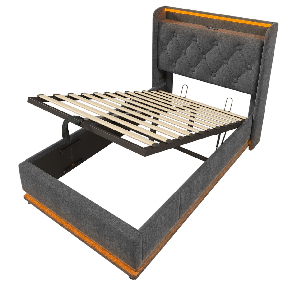 Upholstered Bed, 360 Surround LED Function, Remote Control, Hydraulic Storage Bed With USB, Type-C Charging (Without Mattress) by Couch.com