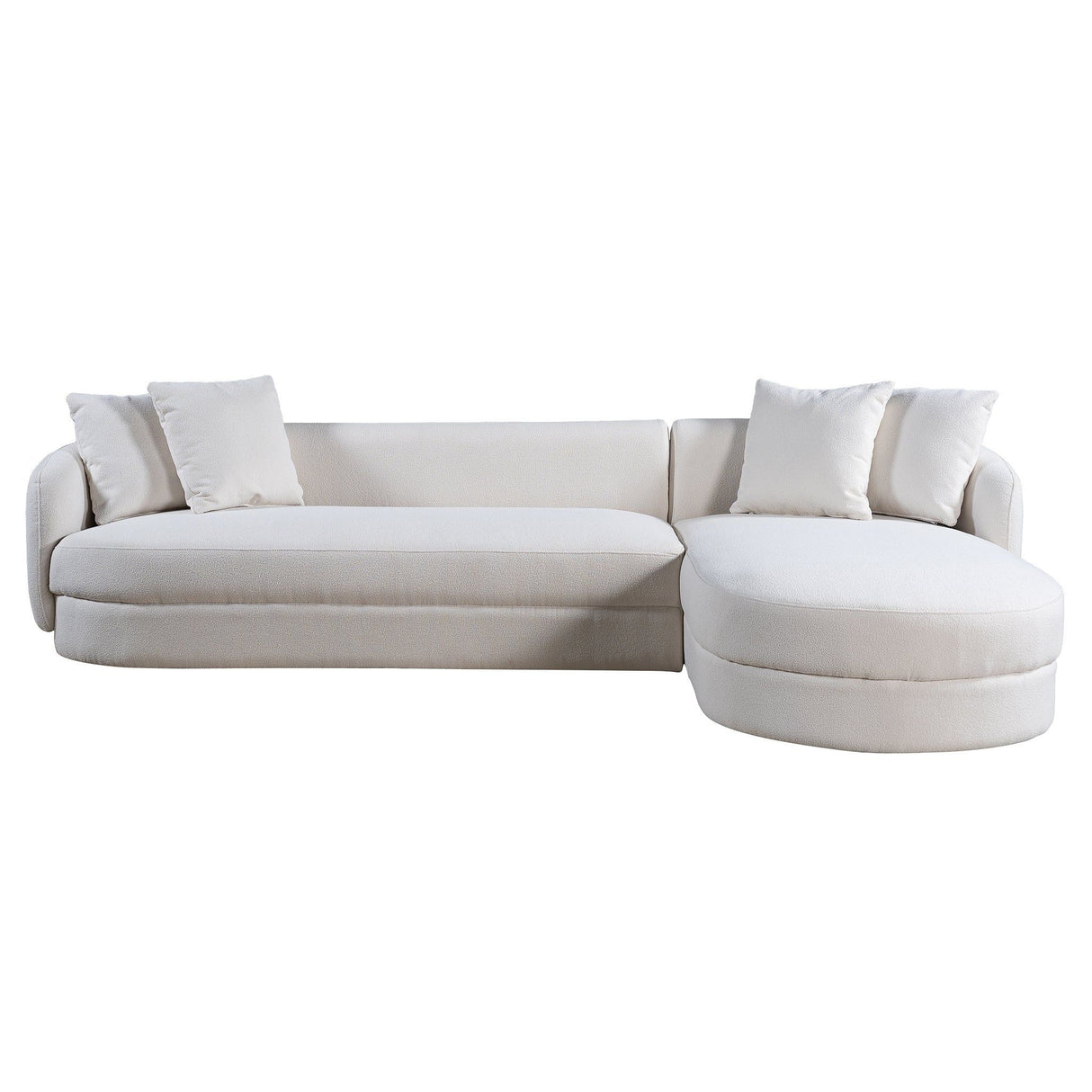 The Chandler - Comfortable Sectional Sofa is a modern U-shaped sofa featuring a right-side chaise lounge, presented in sleek minimalist white. It includes three matching white cushions.