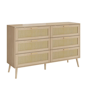 Rattan 6 Drawers Chest Of Dressers For Bedroom, Modern 6 Drawer Dresser, Wide Chest Of Drawers With Wood Handles, Rattan Dresser Storage Cabinet For Living Room, Bedroom, Hallway - Natural Wood / Oak by Couch.com