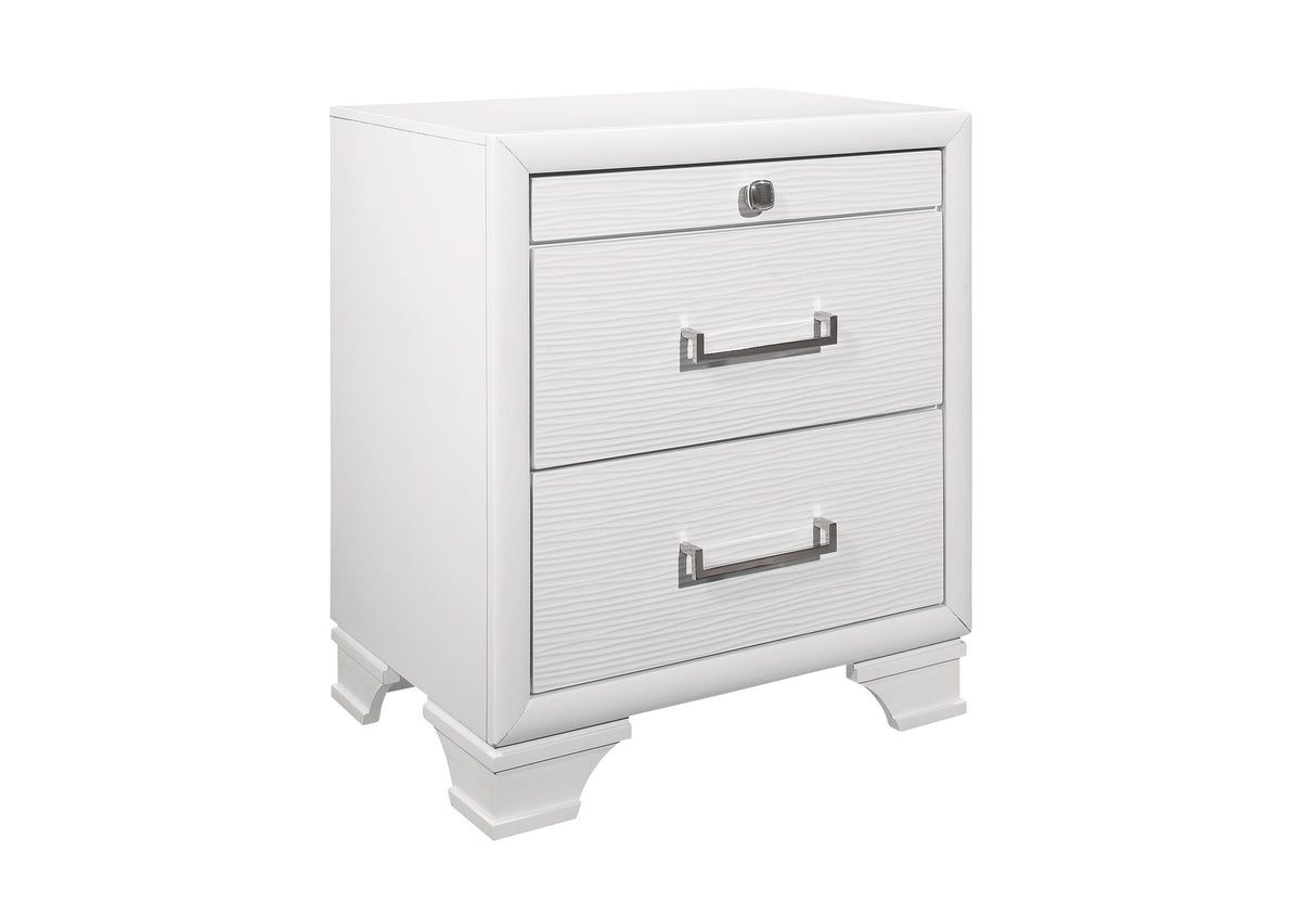 The Civic nightstand is a modern, white piece featuring two drawers with silver handles. The top drawer, partially open, reveals a lock mechanism. It sits elevated on angled legs.