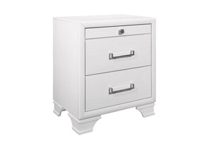 The Civic nightstand is a modern, white piece featuring two drawers with silver handles. The top drawer, partially open, reveals a lock mechanism. It sits elevated on angled legs.