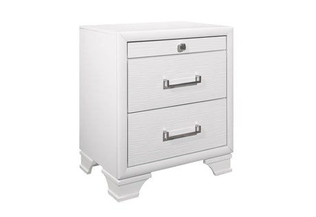 The Civic nightstand is a modern, white piece featuring two drawers with silver handles. The top drawer, partially open, reveals a lock mechanism. It sits elevated on angled legs.