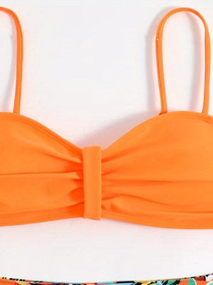 Bikini Tangerine Red Tropical Floral High Waist 2 Piece Swimsuit for Women – Stretchy Off the Shoulder Lace Up Bikini Set with Tummy Control and Customized Fit – Vibrant Summer Beachwear for Vacation Poolside and Resort Looks
