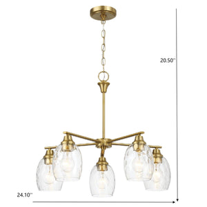 5 Lights Linear Arms With Chain Chandelier - Clear / Gold