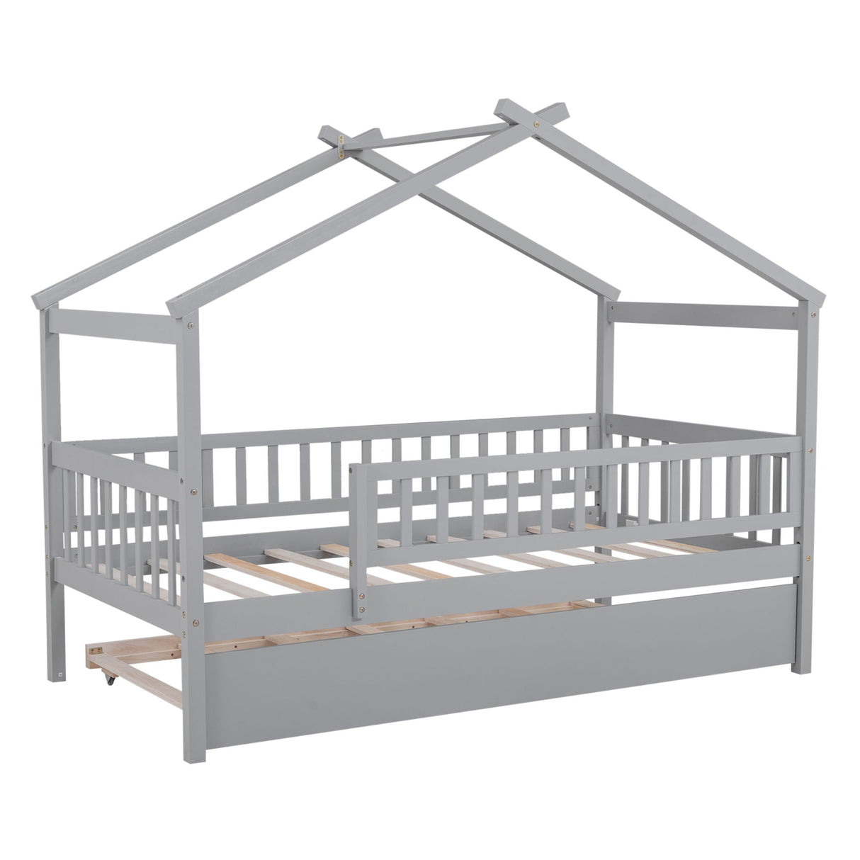 The Creativity House Bed features a gray wooden frame in a house shape with slatted sides and an open roof. It includes a twin size trundle bed pull-out at the bottom, offering a minimalist design ideal for kids' bedrooms.
