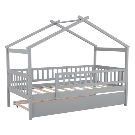 The Creativity House Bed features a gray wooden frame in a house shape with slatted sides and an open roof. It includes a twin size trundle bed pull-out at the bottom, offering a minimalist design ideal for kids' bedrooms.