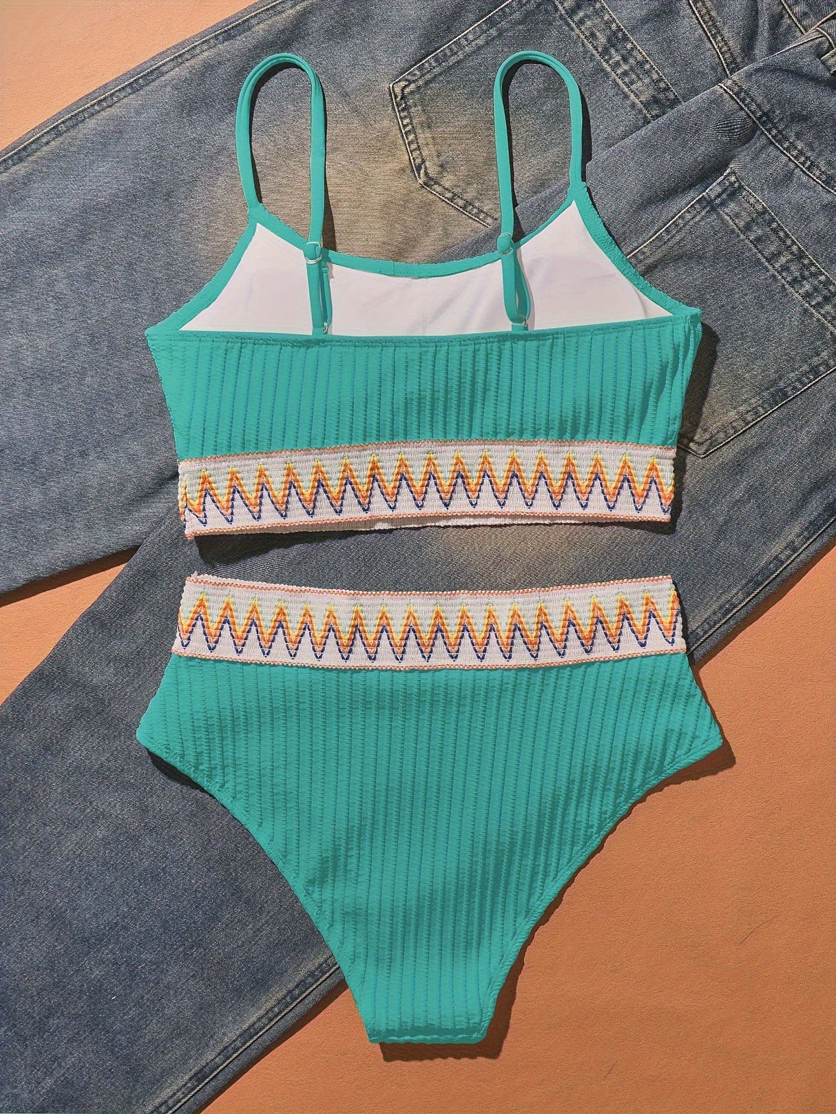 Bikini Scoop Neck High Waist 2 Piece Swimsuit for Women – Chic Solid Color Bikini Set with Contrast Band Detail – Stretchy Comfortable Flattering Swimwear for Beach Pool and Summer Vacation