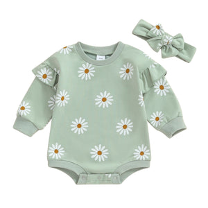 Printed Flounced Sleeve Romper Headscarf