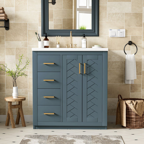Elegant bathroom showcasing beige tile walls and hexagonal floor tiles. Includes a freestanding vanity set in blue with three drawers, soft-closing doors, and gold handles. A black-framed mirror enhances the decor alongside a wooden stool and wicker basket for rustic charm.