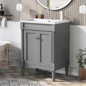 The bathroom boasts a modern 2-tier vanity with a white countertop and chrome faucet, set against a vertically striped wall with a round mirror. The floor has geometric tiles, and small beige items adorn the counter of the Bathroom Vanity With Top Sink.