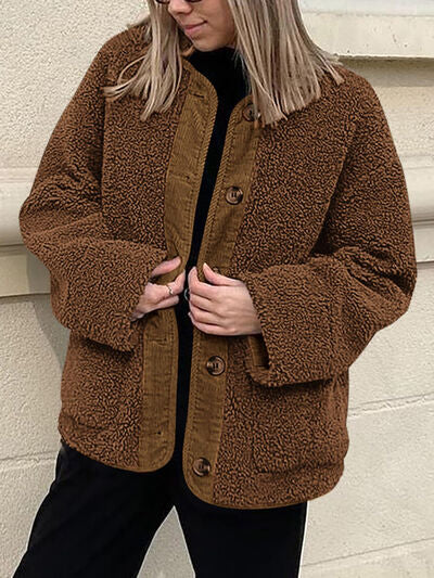 Modern Cozy Women Luxuriously Cozy Contrast Button Up Sherpa Jacket with Pockets For Fall & Winter