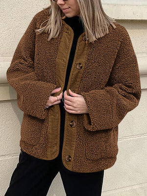 Modern Cozy Women Luxuriously Cozy Contrast Button Up Sherpa Jacket with Pockets For Fall & Winter