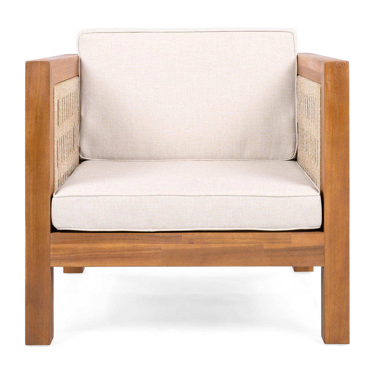 Outdoor Club Chair with Rope Arm and Cushions - Beige / Teak