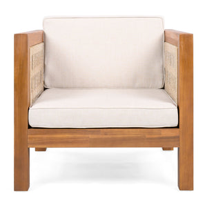 Outdoor Club Chair with Rope Arm and Cushions - Beige / Teak