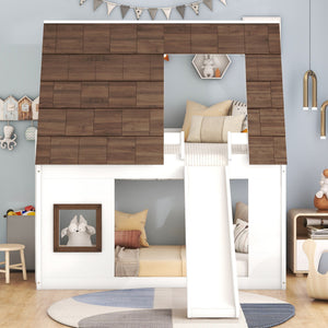 Wood Twin Size House Bunk Bed With Roof, Ladder And Slide - White / Brown by Couch.com