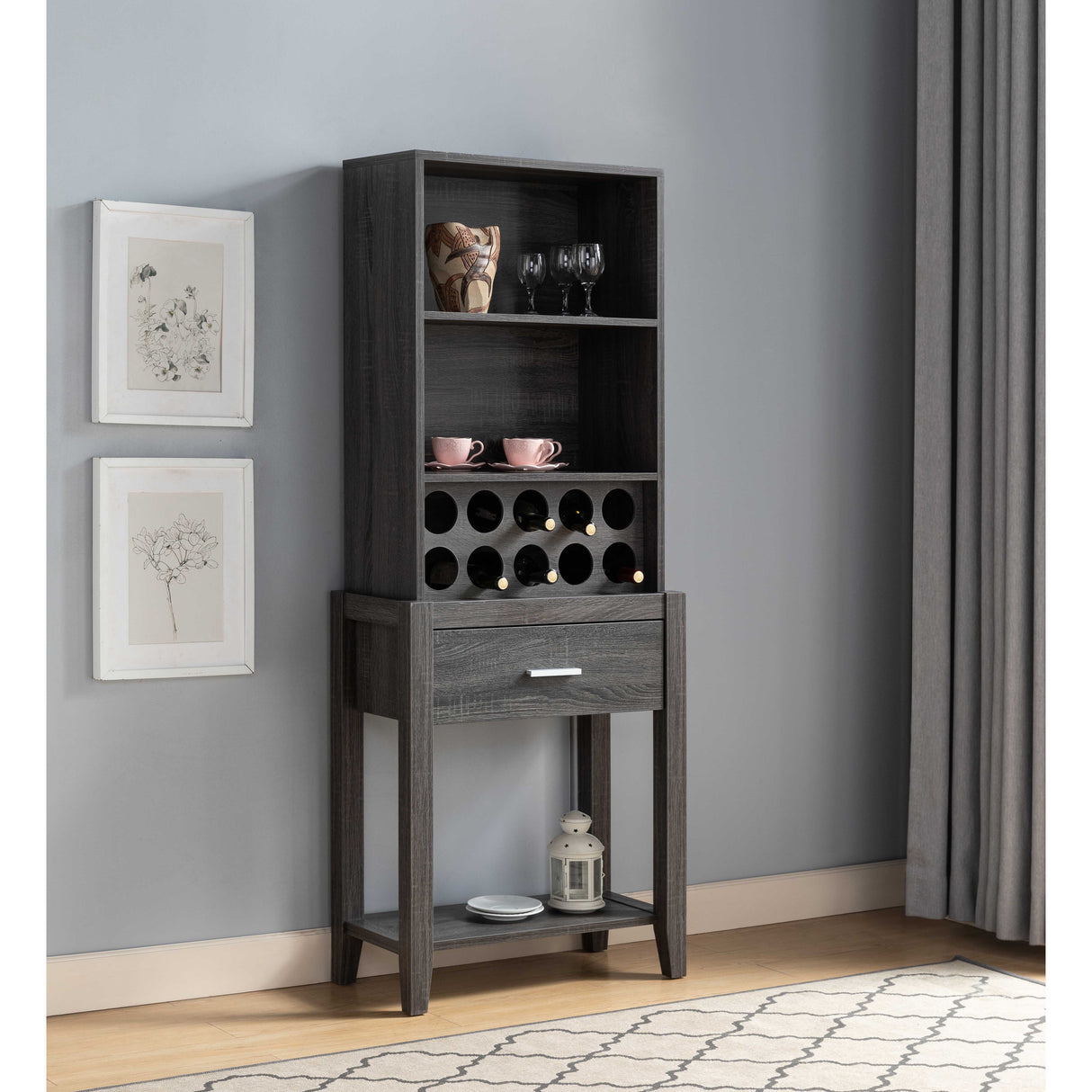 Wine Bar Cabinet, Kitchen Storage Cabinet With Drawer And Open Shelves - Distressed Gray by Couch.com