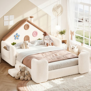 Full House-Style Upholstered Floor Bed, Upholstered Kids Bed with Safety Side Rails, Low-Profile Playhouse Bed, Beige & Natural