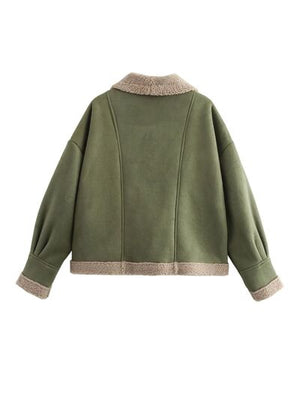 Fuzzy Collared Neck Long Sleeve Jacket with Buttoned Closure and Cozy Pockets