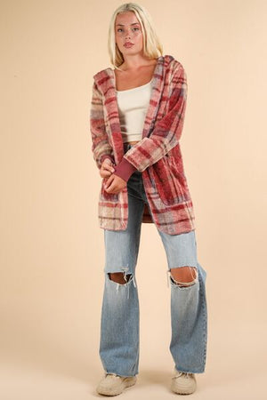 Colorful Fuzzy Plaid Long Sleeve Hooded Jacket Warm & Trendy Outerwear for Cold Days