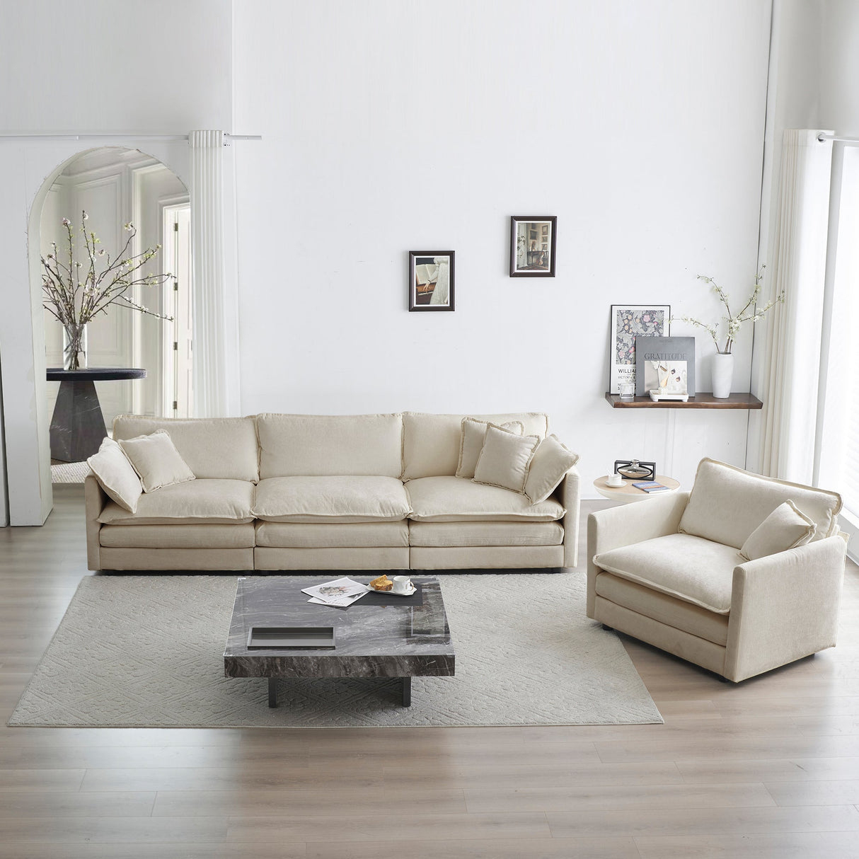 2-Piece Upholstered Living Room Sectional Sofa Set in Beige Chenille