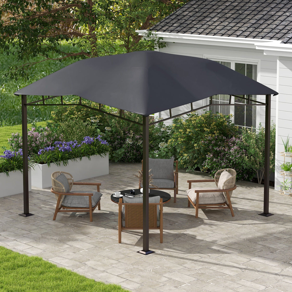 Outsunny - 10' x 10' Soft Top Patio Gazebo Outdoor Canopy With Unique Geometric Design Roof, All-Weather Steel Frame - Gray by Couch.com