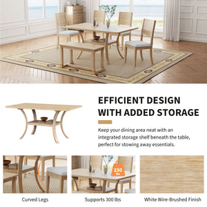 The Topmax 6-Piece Dining Set includes a wooden table with storage shelf and curved legs, four cushioned chairs, and a bench. Finished in white wire-brushed style, it supports up to 300 lbs. A rug and large windows complete the backdrop.