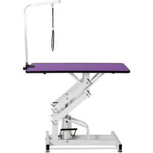 Purple Z-Lift Hydraulic Pet Grooming Table with Adjustable Arm, MDF and Steel Construction, 42.5 Inch Top, 330 lbs Capacity