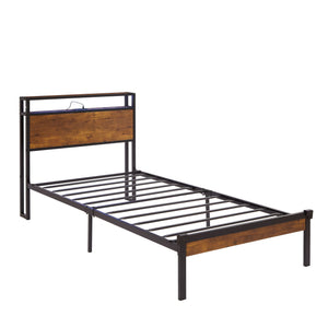 Twin Size Platform Bed Frame, LED Lights With Remote Control, USB Charging Port, Large Under Bed Storage - Black / Brown