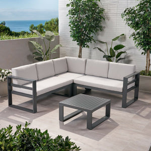Dursley - Outdoor Aluminum V Shape Sofa Sectional - Beige / Gray by Couch.com