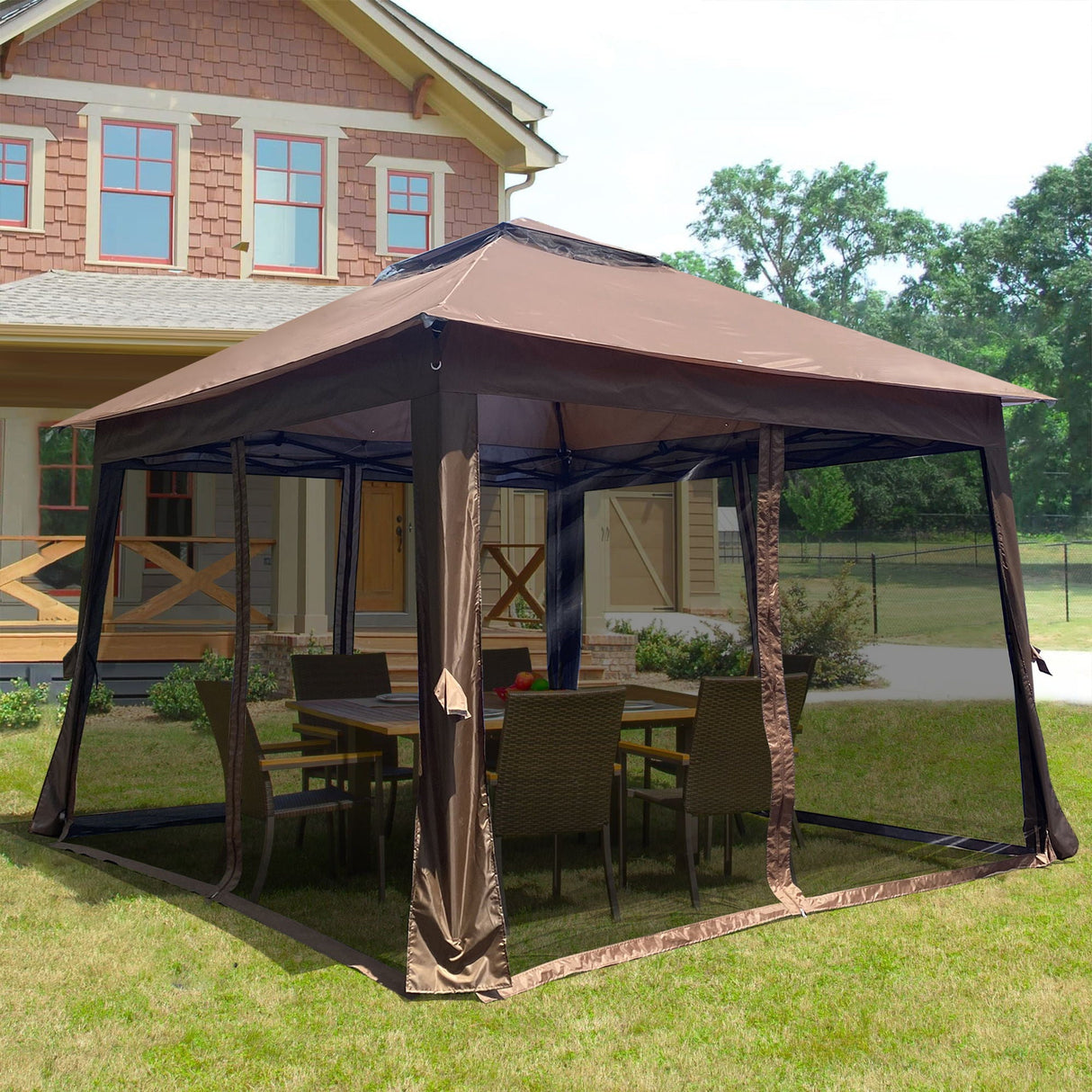 Outdoor 11X 11Ft Pop Up Gazebo Canopy With Removable Zipper Netting, 2 Tier Soft Top Event Tent, Suitable For Patio Backyard Garden Camping Area With 4 Sandbags - Brown by Couch.com