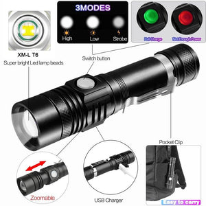 Adjustable Rechargeable  Waterproof LED Flashlights Rechargeable High Lumens Torchlight Zoomable Torch USB Charging Waterproof 5 Modes With Power Display For Camping Hiking Outdoor Emergency