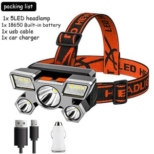 Adjustable USB Rechargeable Torch Lamp Built-in Battery 5 Led Strong Headlight Waterproof  Rechargeable Super Bright Head-Mounted Flashlight For Outdoor Night Camping