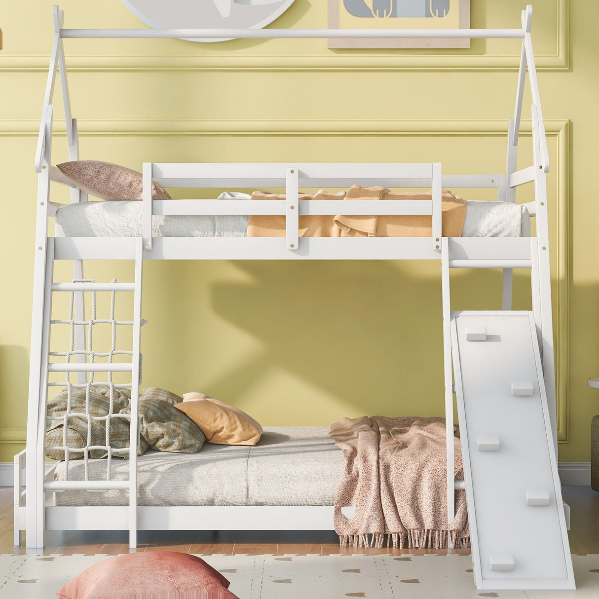 Twin Over Queen House Bunk Bed With Climbing Nets And Climbing Ramp by Couch.com