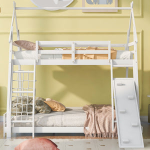 Twin Over Queen House Bunk Bed With Climbing Nets And Climbing Ramp by Couch.com
