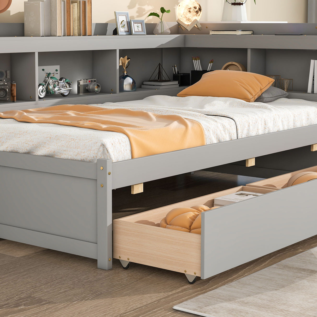 Twin Bed With L-Shaped Bookcases, Drawers by Couch.com