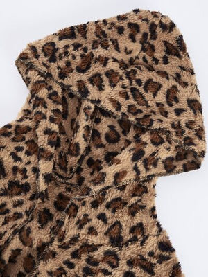 Trendy Fuzzy Leopard Hooded Jacket with Long Sleeves Casual Fit Comfortable Jacket For Women