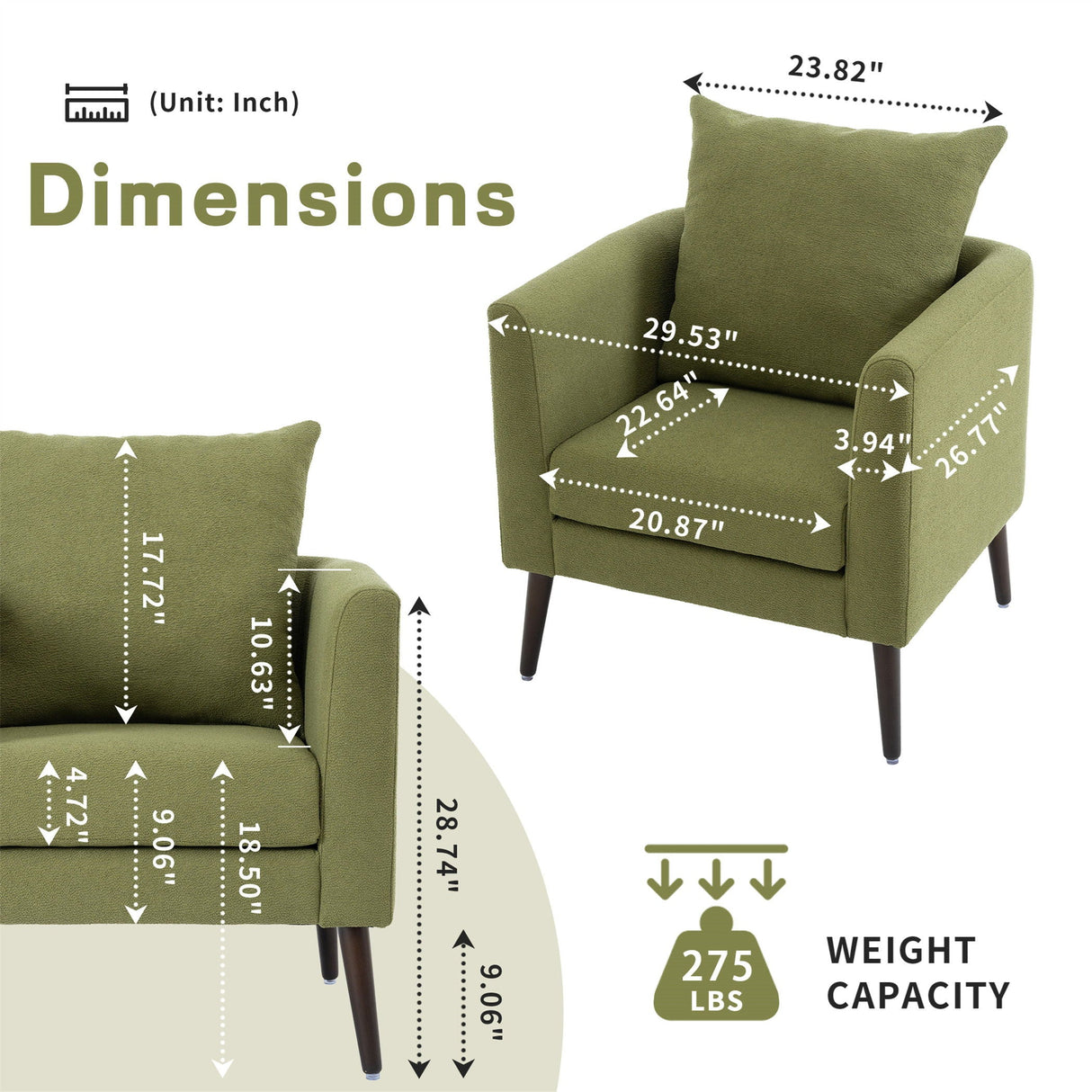 Barrel Chair, Modern Accent Chair, Fabric Armchair Club Chair, Upholstered Arm Chair With Solid Wood Legs, Waist Pillow, Padded Single Chair For Living Room / Bedroom / Study / Waiting Room - Olive Green by Couch.com