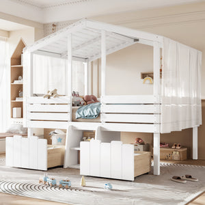 Full House Loft Bed with Cute Stairs and 2 Big Storage Drawers, Low Loft Bed with House-Style Roof, No Box Spring Needed, Farmhouse Style, White