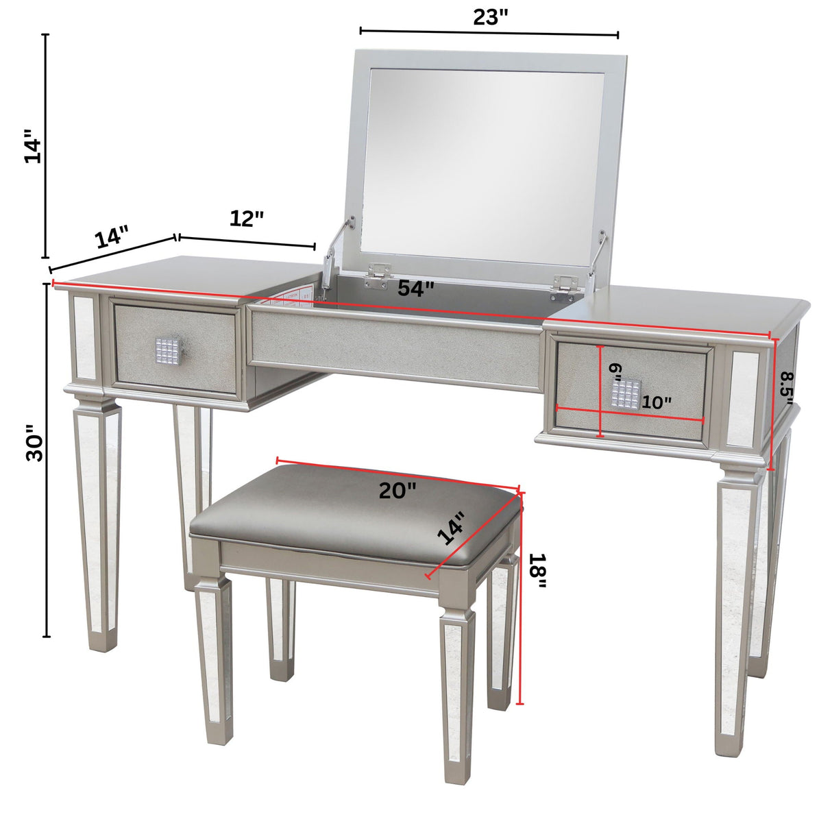 Mirrored Vanity Desk With Drawers And Stool, Flip Up Dressing Table Set For Makeup Room by Couch.com