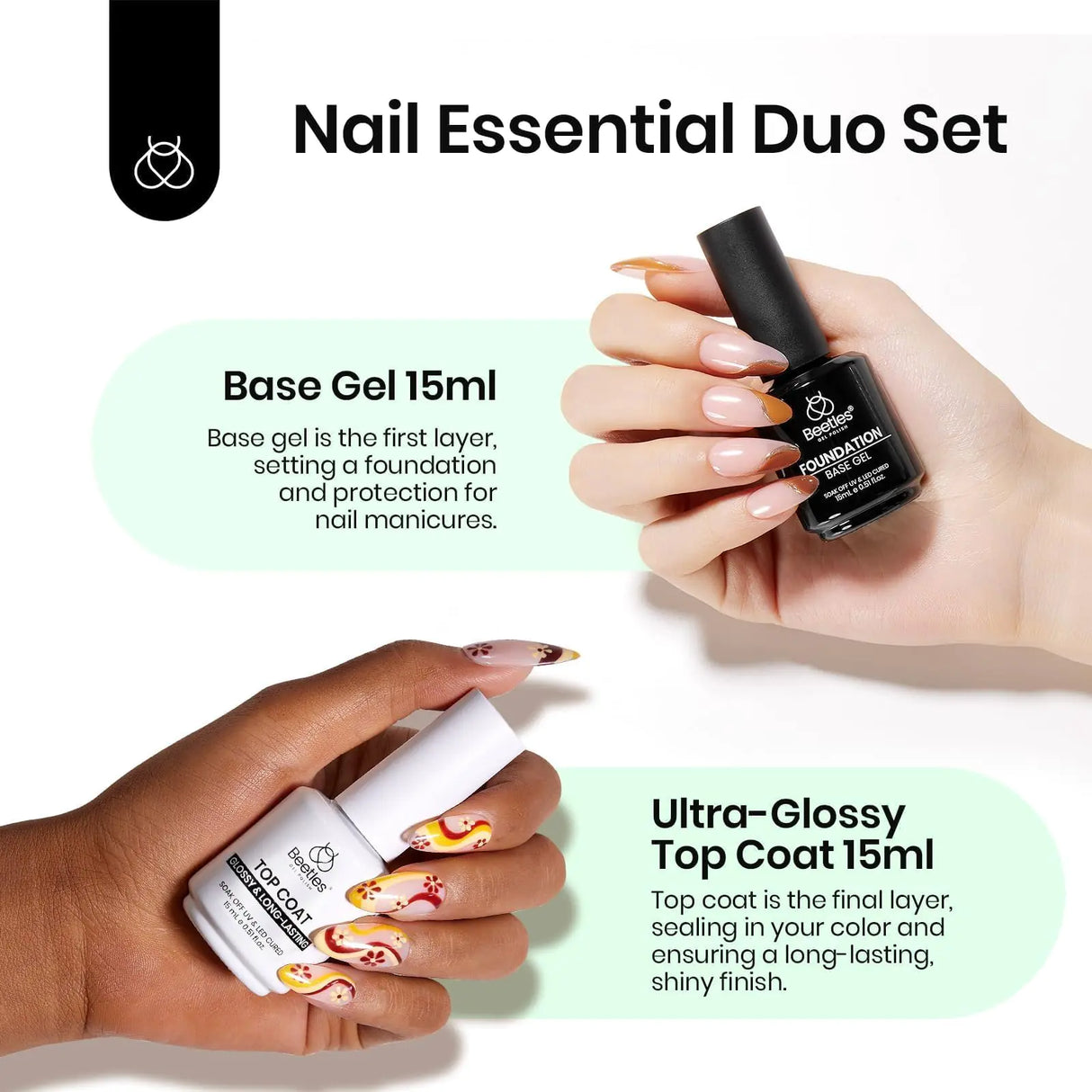 Beetles Gel Base and Top Coat,2 Pcs 15ml Upgrade Super Shiny Gel Top Coat and Base Coat Set,Glossy and Long-Lasting Gel Polish,Soak Off Nail Lamp Foundation Combination Gel Polish Base and Top Coat