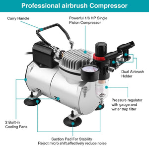 Airbrush Compressor Kit with 6ft Air Hose and Airbrush Holder