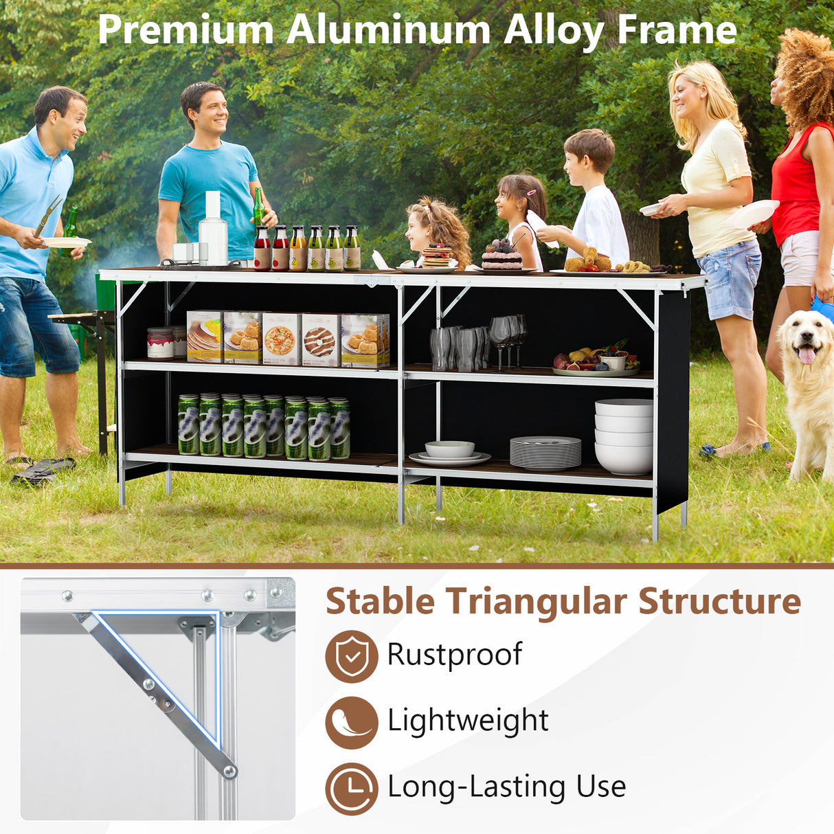 Aluminum Portable Picnic Table with 2-Tier Open Shelves and Spacious Tabletop-Coffee