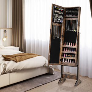 Mirrored Standing Jewelry Cabinet Storage Box-Brown