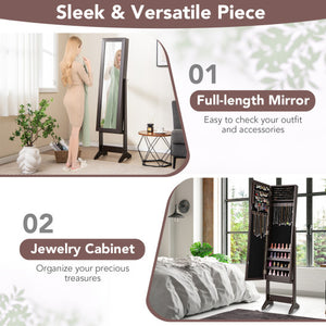 Mirrored Standing Jewelry Cabinet Storage Box-Rustic Brown
