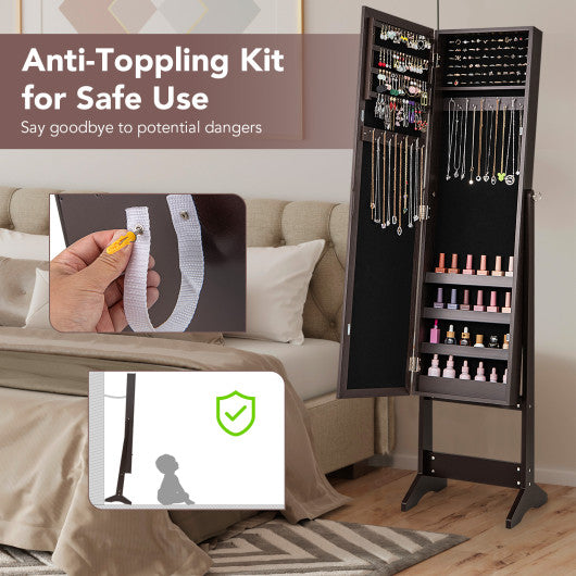 Mirrored Standing Jewelry Cabinet Storage Box-Rustic Brown