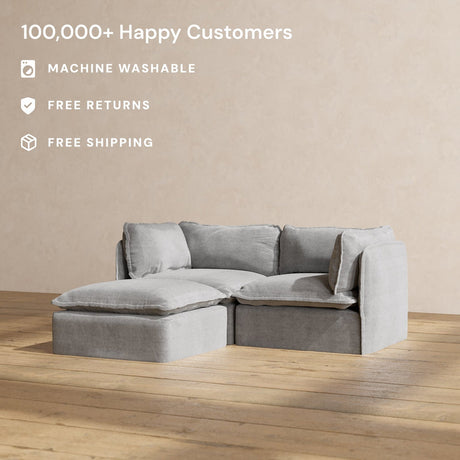 A light gray Modular Performance 2-Seater Sectional with an ottoman on a wooden floor. Text overlay reads "100,000+ Happy Customers" with icons indicating "Machine Washable," "Free Returns," and "Free Shipping.