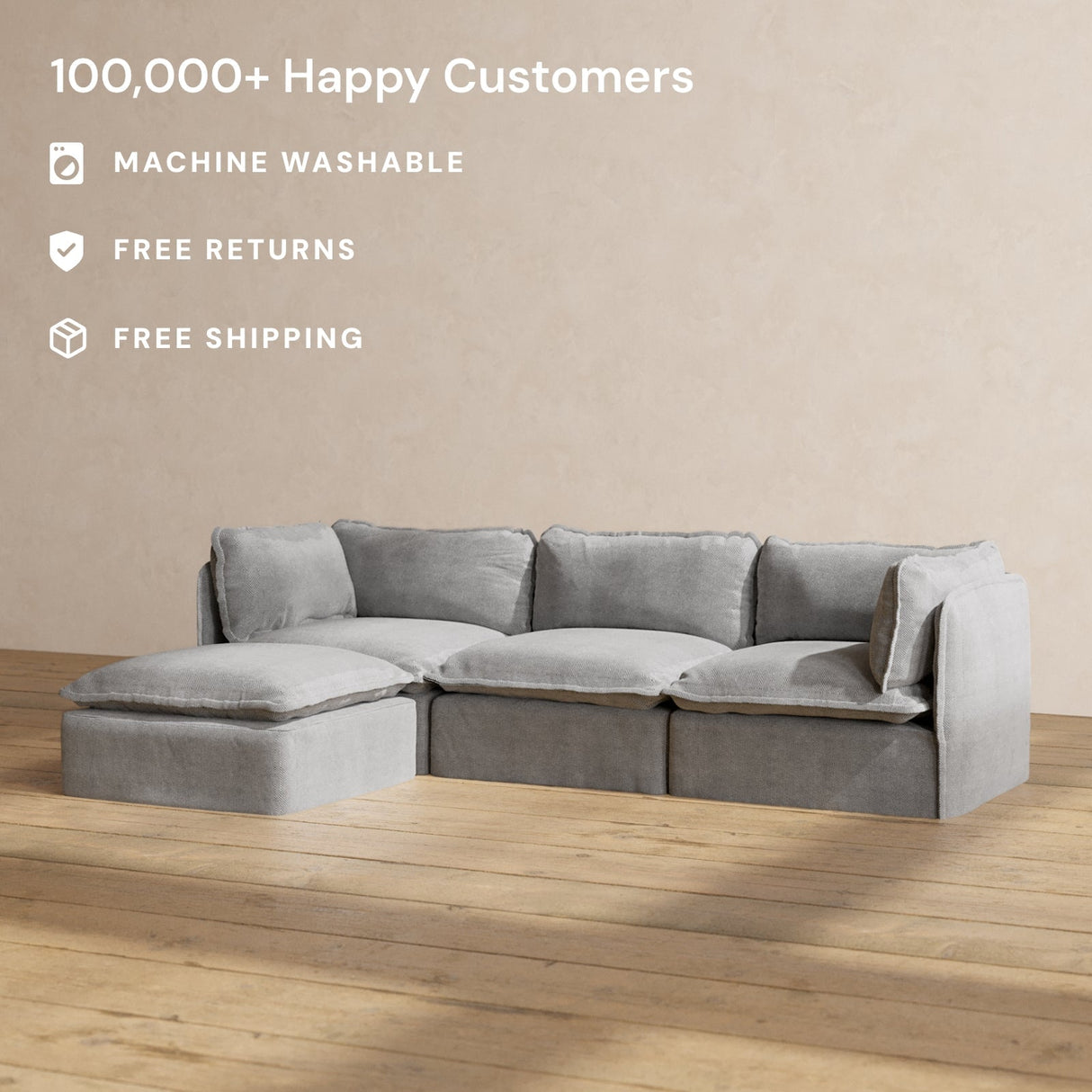 Against a plain wall on a wooden floor sits the gray Modular Performance 3-Seater Sectional with loose cushions. Highlighted text mentions 100,000+ happy customers, machine washable fabric, free returns, and free shipping.