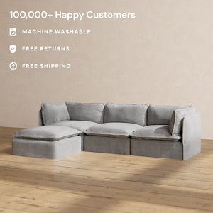 Against a plain wall on a wooden floor sits the gray Modular Performance 3-Seater Sectional with loose cushions. Highlighted text mentions 100,000+ happy customers, machine washable fabric, free returns, and free shipping.