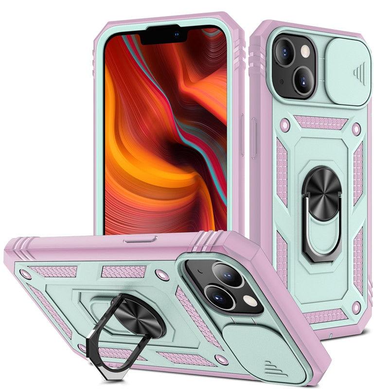 Armor Shockproof Phone Case For iPhone 13 12 11 Pro Max X XR XS Max 11 13 Pro Magnetic Ring Stand Holder Back Cover Slide Camera Cover & Kickstand Built-in 360° Rotate Ring Stand Magnetic Cover Case